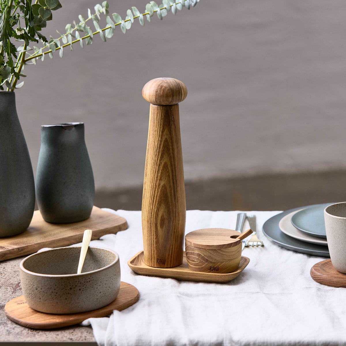 RAW Teak pepper grinder tall set with tray and salt jar | Natural