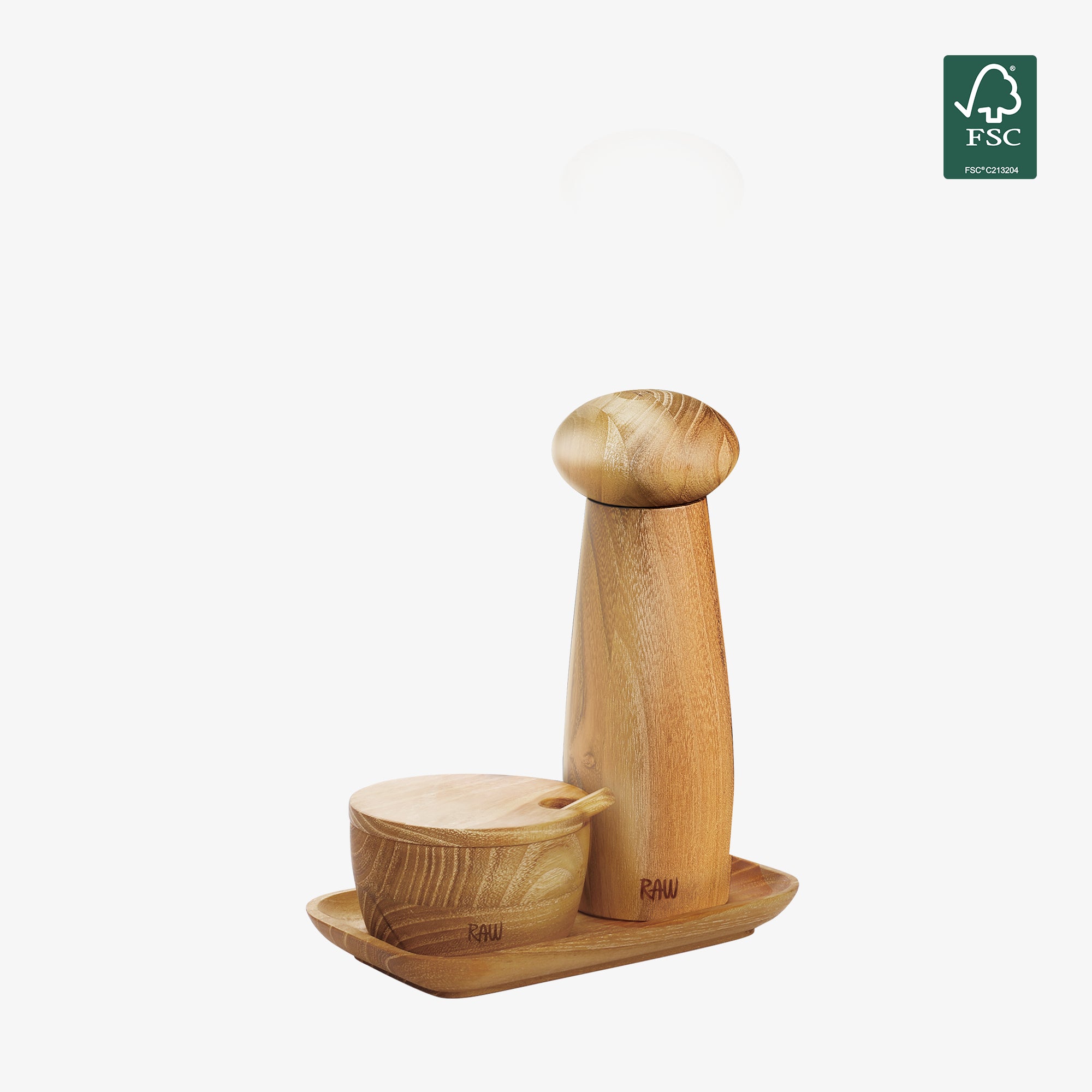 RAW Teak pepper grinder set with tray and salt jar | Neutral