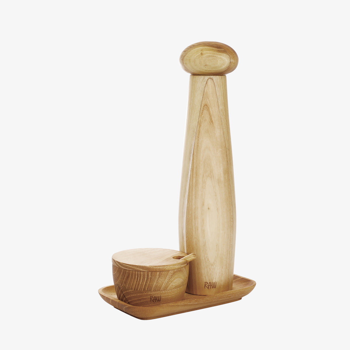 RAW Teak pepper grinder tall set with tray and salt jar | Natural