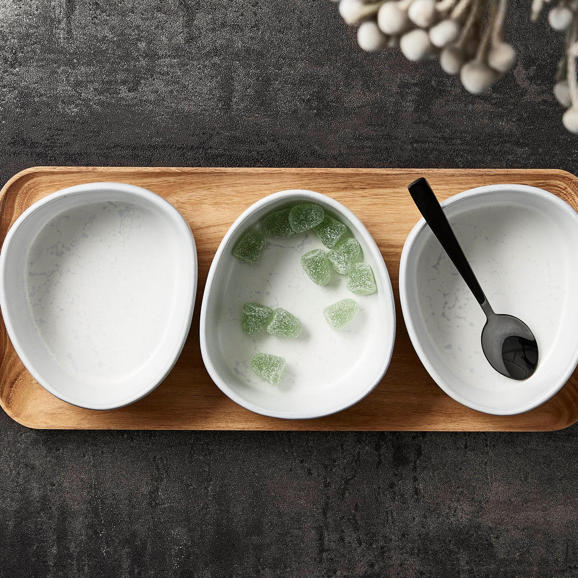 RAW Organic bowls on teak board | Arctic White